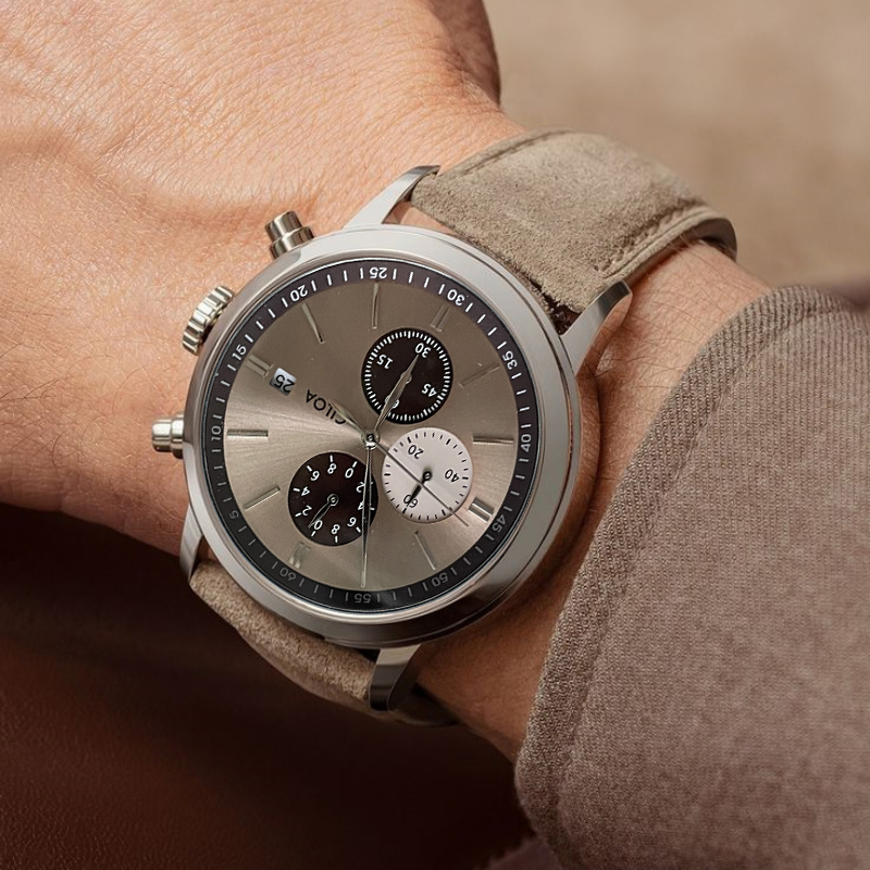 Suede Strap Watch - CILOA-Erkek Kronograf Saat, Tarih Göstergeli, Süet